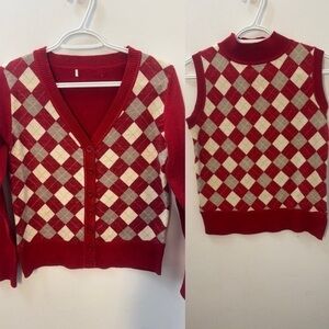 Women's 2 Pieces Set Vintage Pullover Sweater Y2K Top Knit Colorful V-Neck M